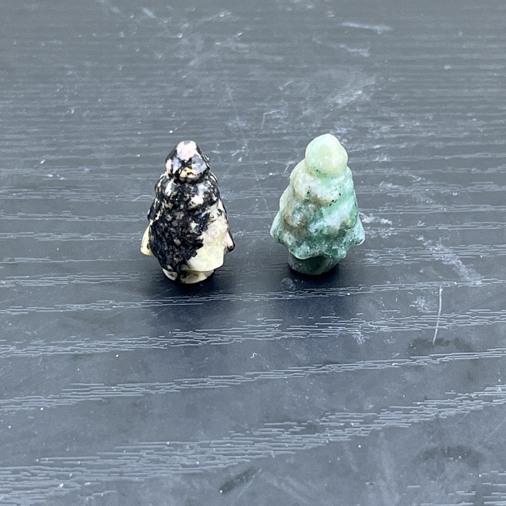 Lot of 2 Carved Stone Trees Green Aventurine & Zebra Jasper Figurines